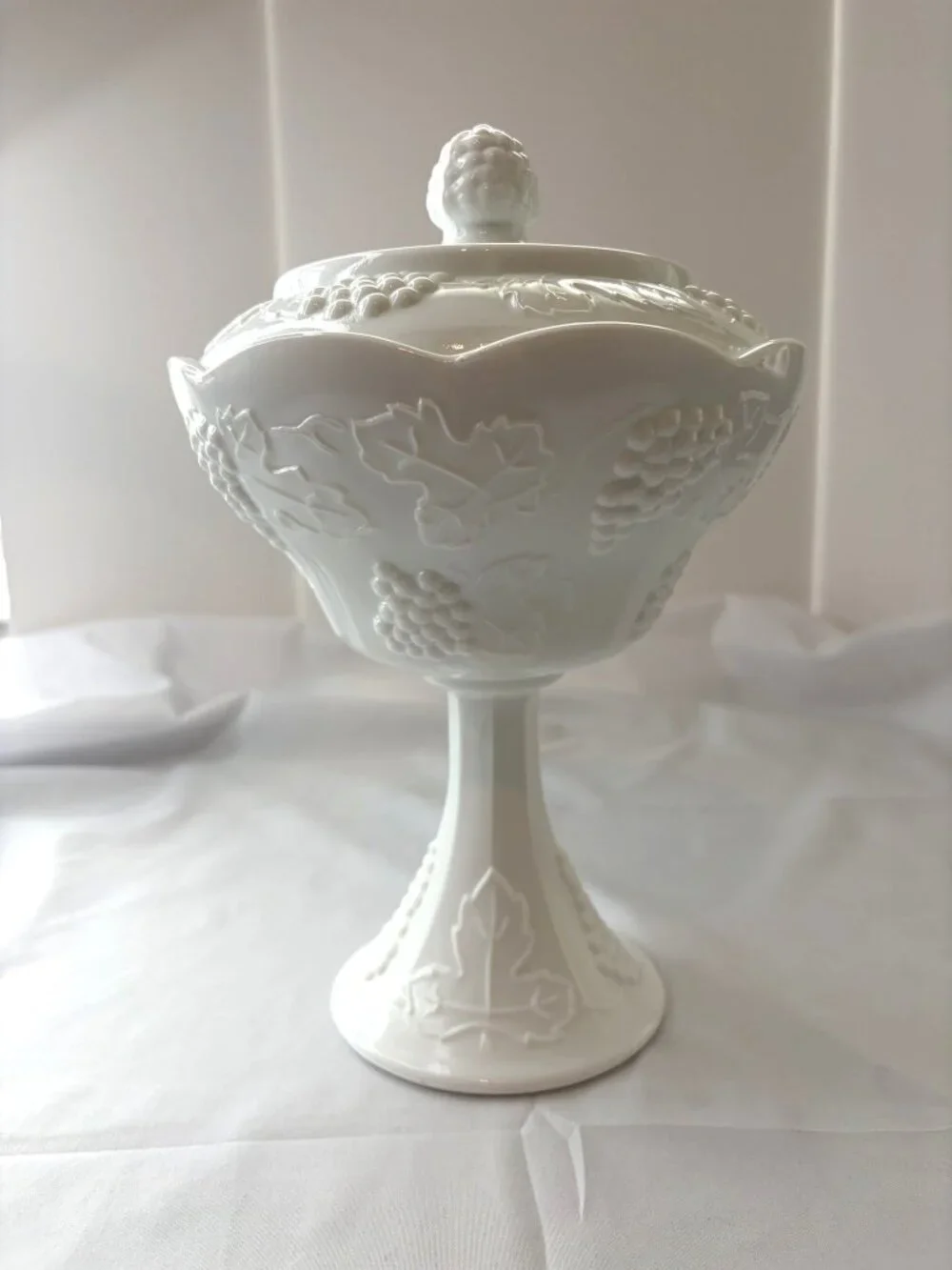 Vintage Indiana Glass Harvest Grape Milk Glass Covered Pedestal Compote